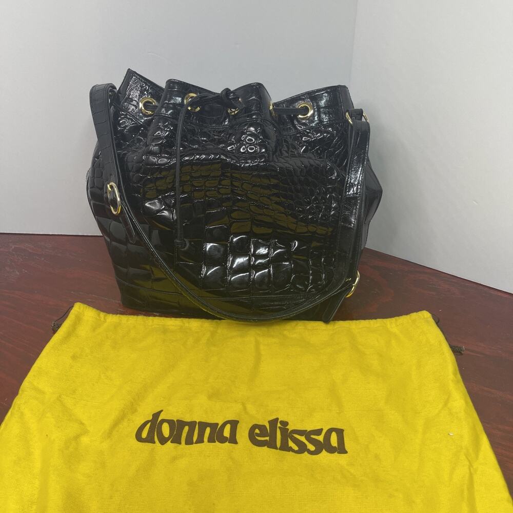 Vintage Donna Elissa Black Leather Drawstring Bucket Bag Purse Shoulder